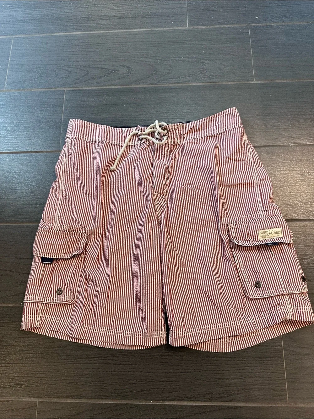J. Crew Men’s Vintage Red and White Striped Seersucker Board Shorts